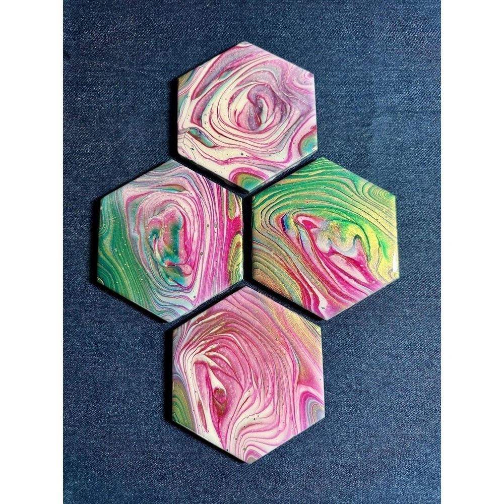 Acrylic Fluid Art Ceramic Hex 4.25" Tile Cork Backed Coasters Mother's Day